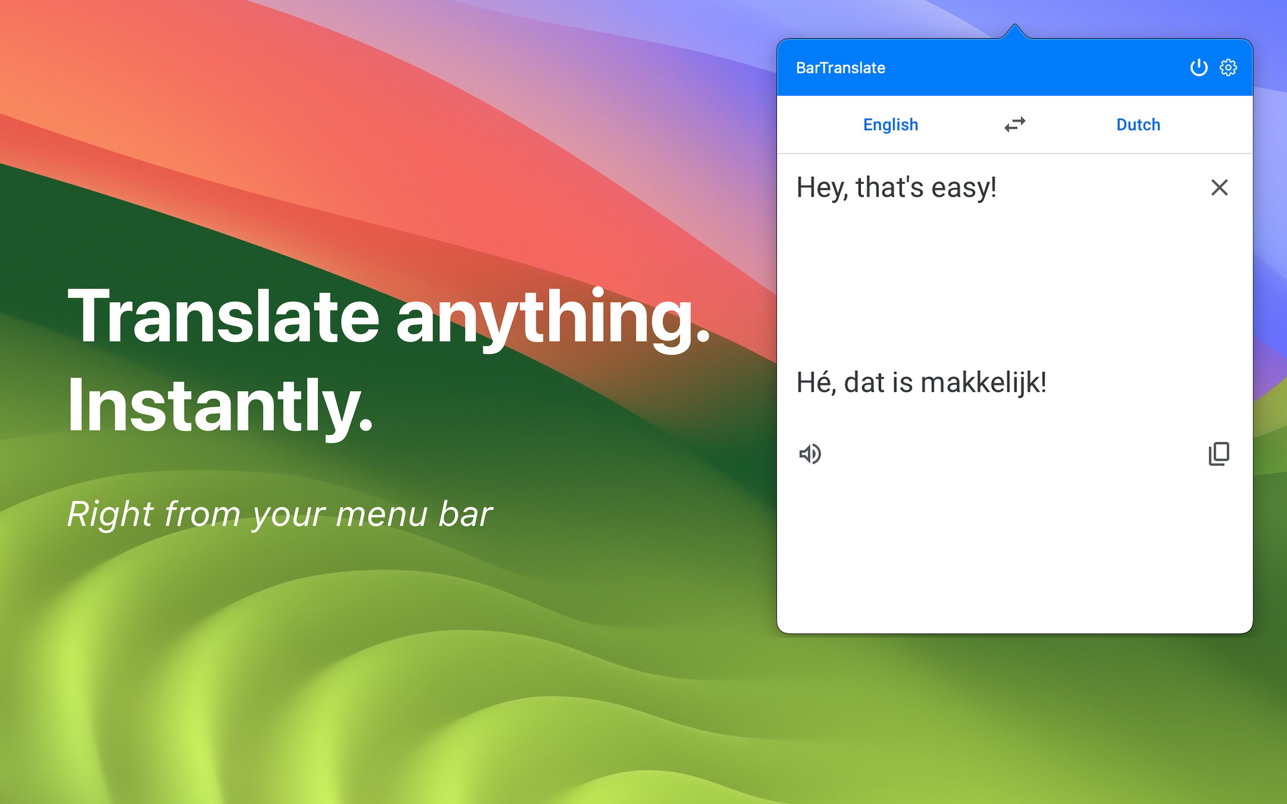 BarTranslate menu bar translator showing a quick translation popover