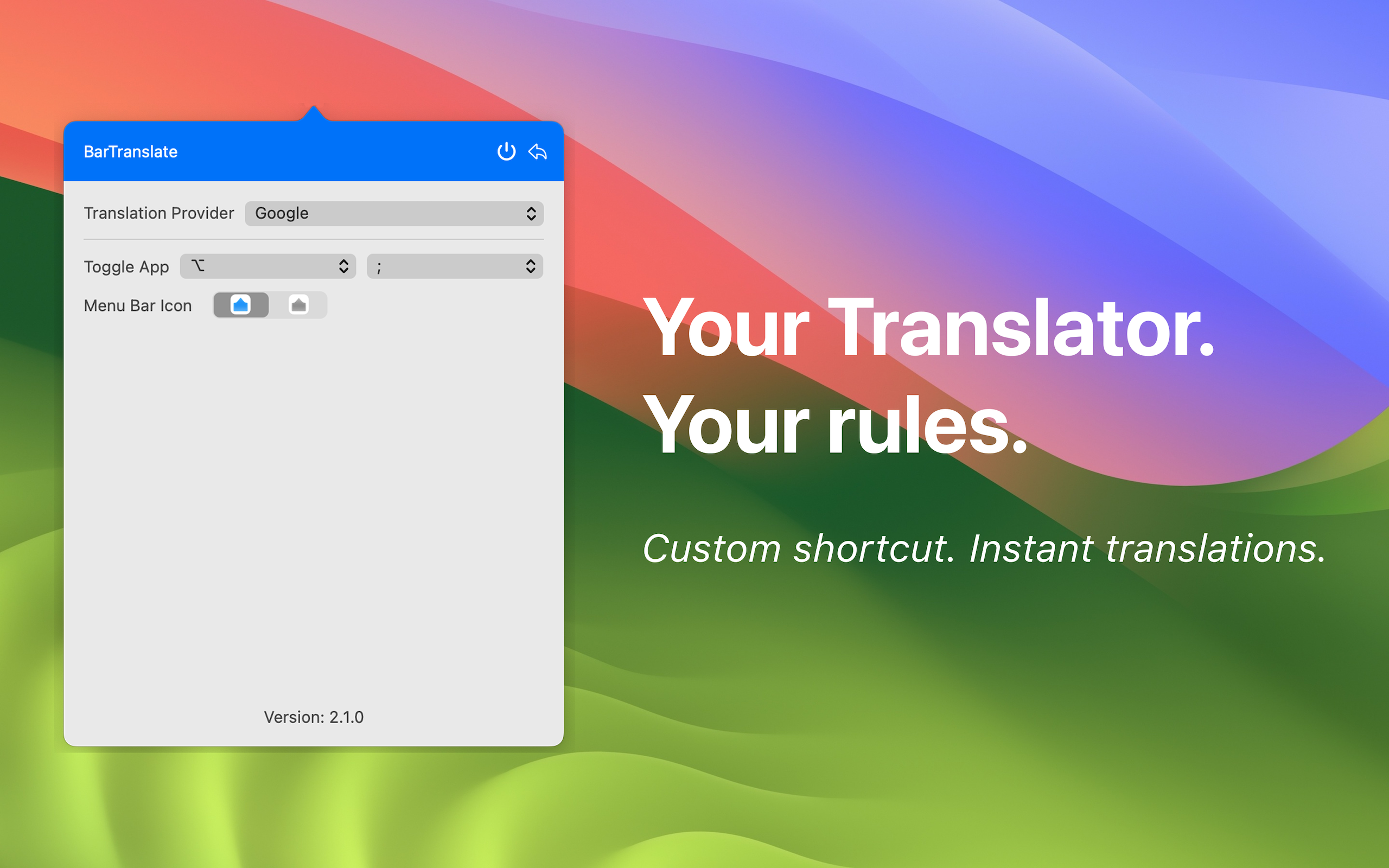 BarTranslate settings for hotkeys and appearance