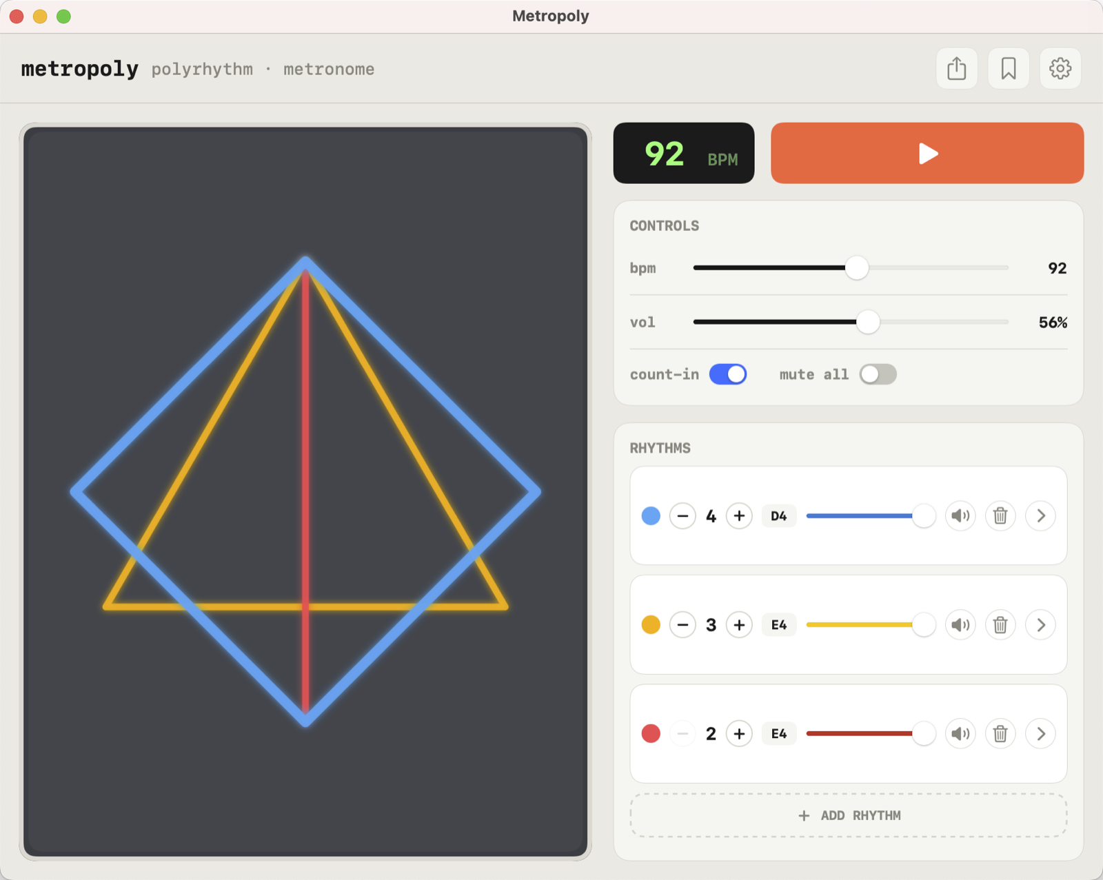 Metropoly on macOS: a 4:3:2 polyrhythm drawn as a square, a triangle and a line, beside the rhythm list
